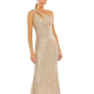 MAC DUGGAL 42029 ONE SHOULDER STRAPPY CUTOUTS COLUMN GOLD GOWN sz 2